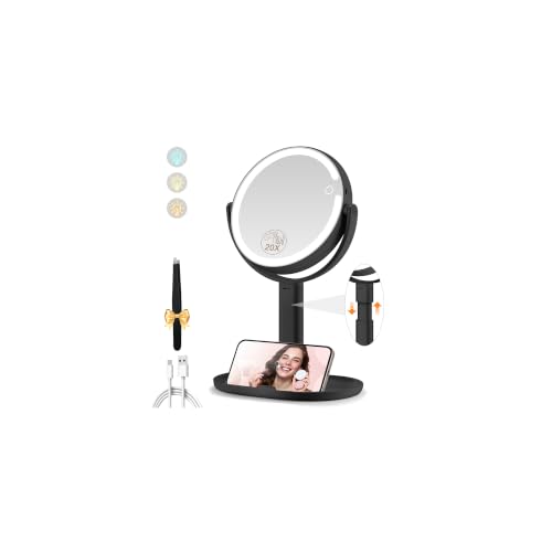 MOMOKUBA Makeup Mirror with Lights, 20X Magnifying Mirrors, Height Adjustable, Vanity Mirror with Lights Rechargeable 3 Color Modes, Double-Sided Detachable Travel Mirrors, Gift for Women