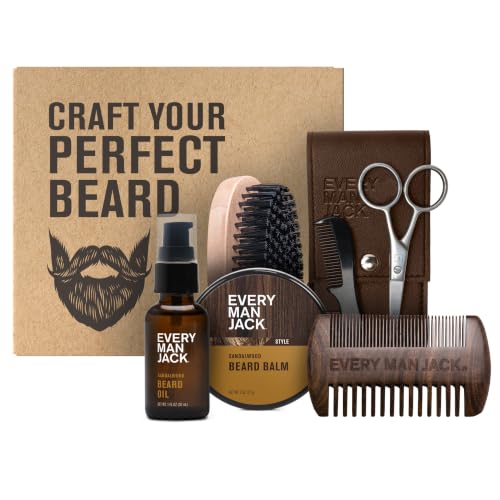 Every Man Jack Beard Care Gift Set for Men – Complete Grooming Kit with Beard Oil, Balm, Brush, Dual-Sided Comb, Trimming Scissors & Mustache Comb - Sandalwood Scent