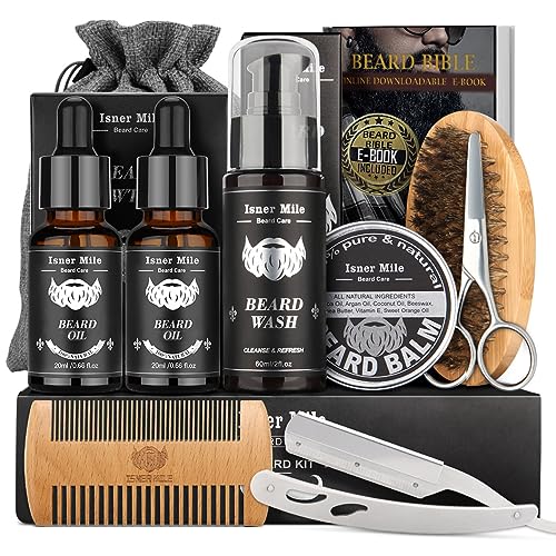 Isner Mile Fathers Gifts for Husband: Beard Grooming Kit for Men Care with Beard Oil Balm Wash Brush Comb & Straight Razor, Christmas Stocking Stuffers Valentines Birthday Gifts for Men Him Boyfriend