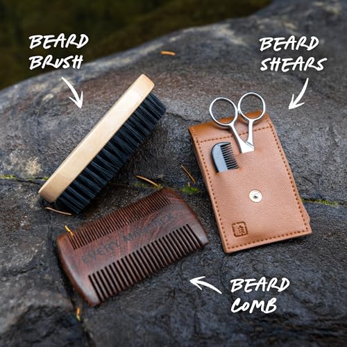 Every Man Jack Beard Care Gift Set for Men – Complete Grooming Kit with Beard Oil, Balm, Brush, Dual-Sided Comb, Trimming Scissors & Mustache Comb - Sandalwood Scent