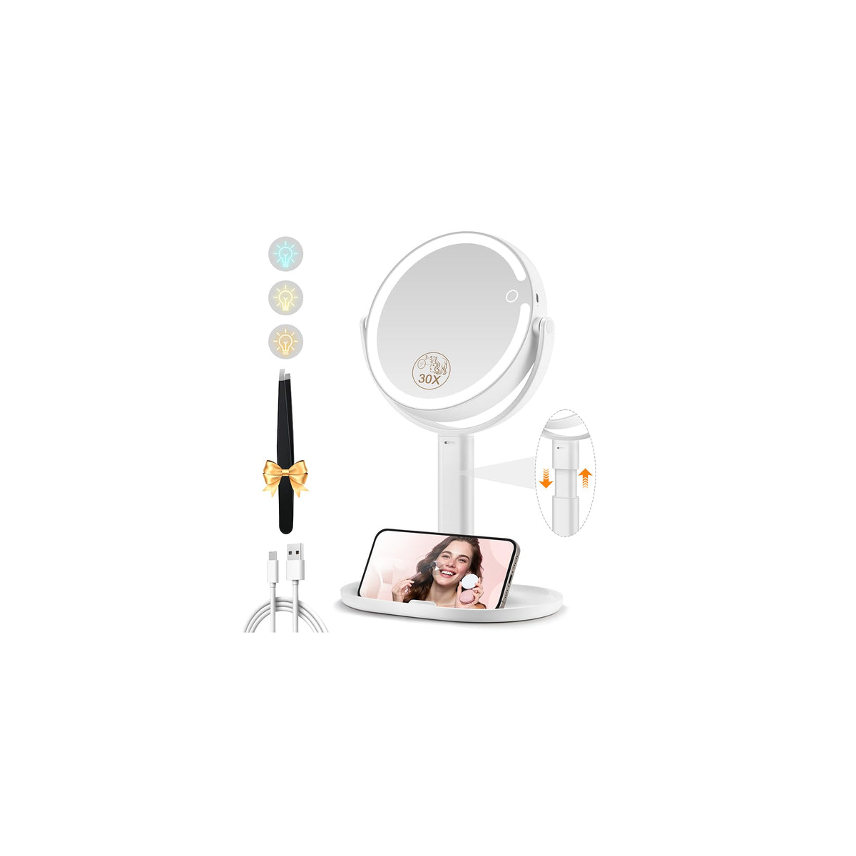 MOMOKUBA Makeup Mirror with Lights, 20X Magnifying Mirrors, Height Adjustable, Vanity Mirror with Lights Rechargeable 3 Color Modes, Double-Sided Detachable Travel Mirrors, Gift for Women