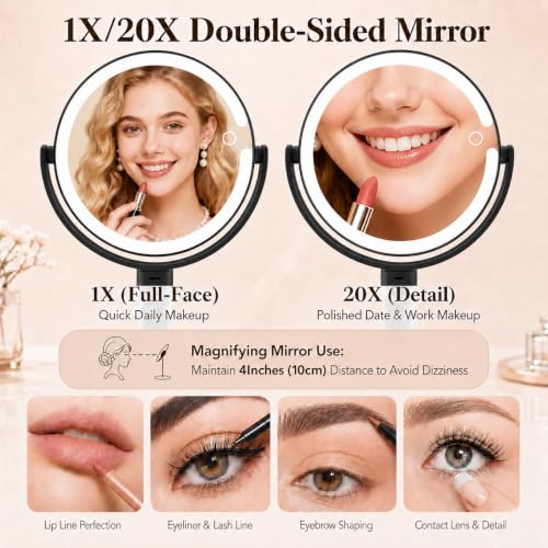 MOMOKUBA Makeup Mirror with Lights, 20X Magnifying Mirrors, Height Adjustable, Vanity Mirror with Lights Rechargeable 3 Color Modes, Double-Sided Detachable Travel Mirrors, Gift for Women
