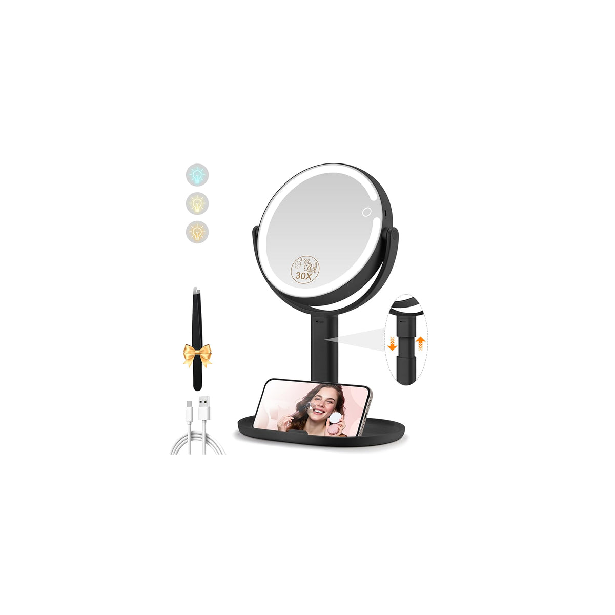 MOMOKUBA Makeup Mirror with Lights, 20X Magnifying Mirrors, Height Adjustable, Vanity Mirror with Lights Rechargeable 3 Color Modes, Double-Sided Detachable Travel Mirrors, Gift for Women