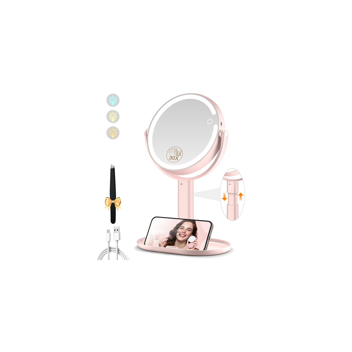 MOMOKUBA Makeup Mirror with Lights, 20X Magnifying Mirrors, Height Adjustable, Vanity Mirror with Lights Rechargeable 3 Color Modes, Double-Sided Detachable Travel Mirrors, Gift for Women