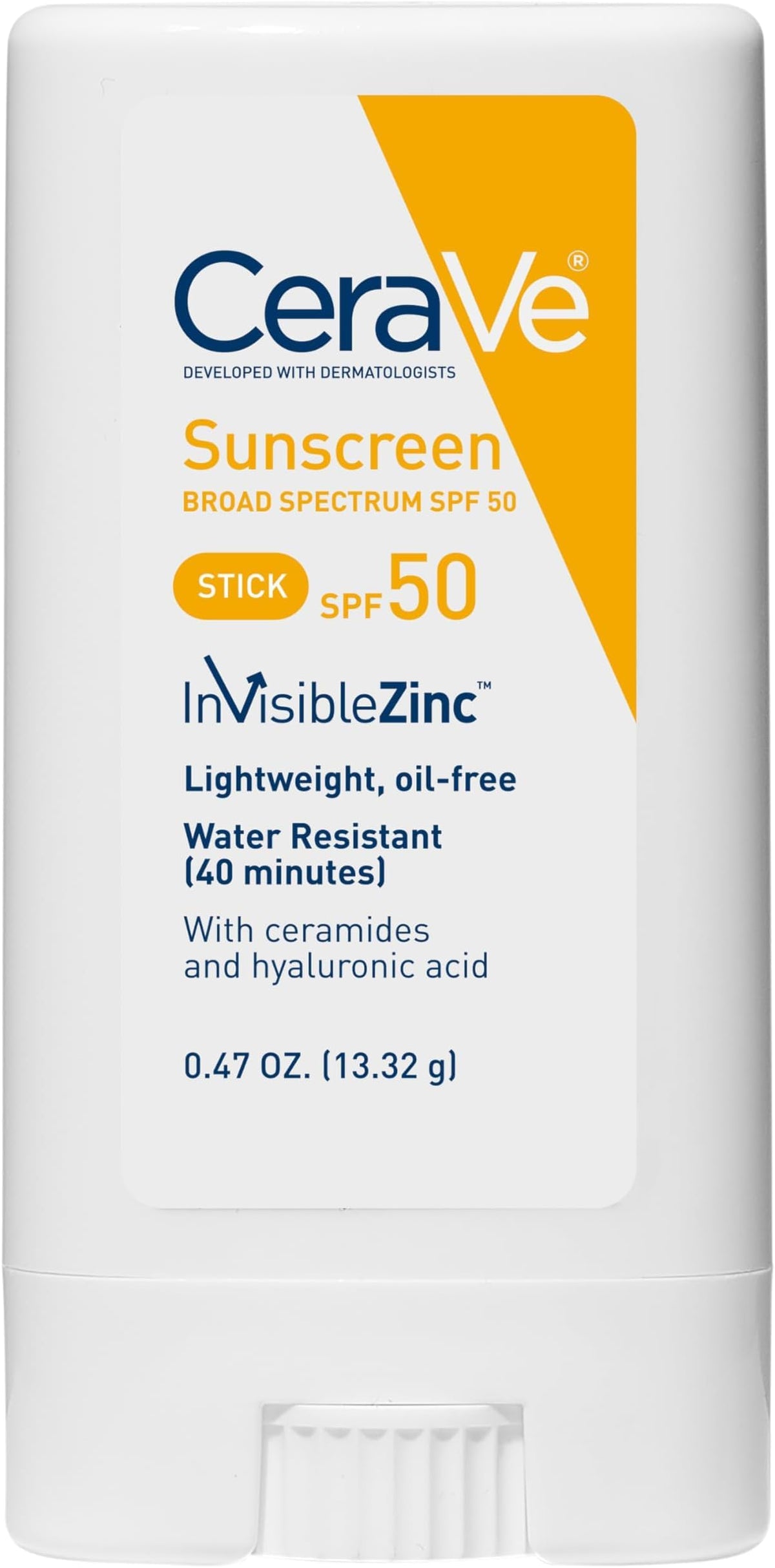 CeraVe Mineral Sunscreen Stick SPF 50, Broad Spectrum SPF + Hyaluronic Acid + Ceramides, Titanium Dioxide & Zinc Oxide, 100% Mineral Face Sunscreen Stick, Fragrance Free & Oil Free