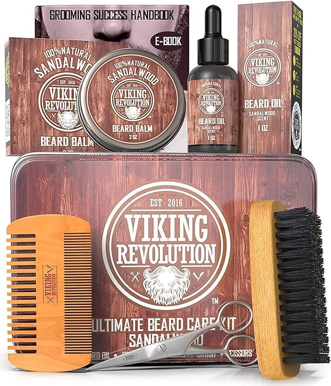 Beard Growth Kit - Oil, Balm, Serum, Derma Roller & Wooden Comb for Beard & Mustache Growth