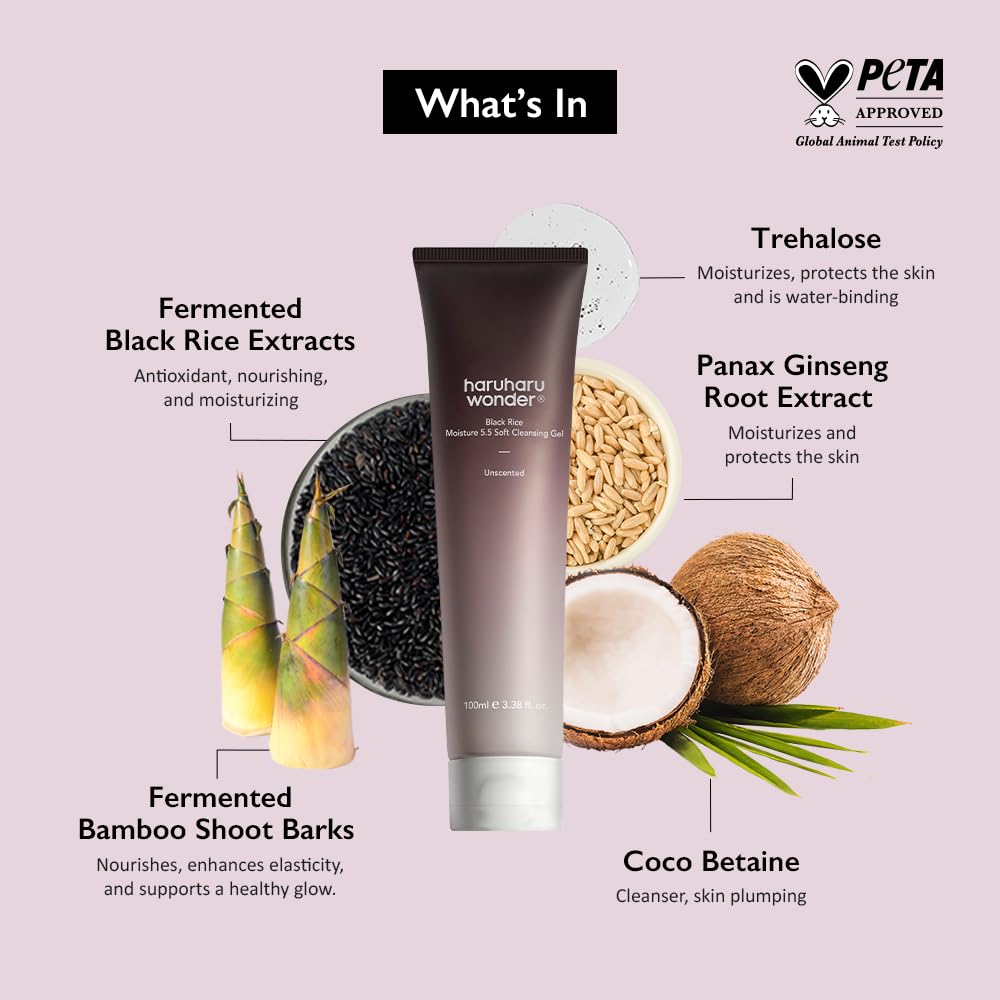 HARUHARU wonder Black Rice Moisture 5.5 Soft Cleansing Gel, Low 5.5pH, Soap Free, For Sensitive Skin, Vegan, Cruelty-Free