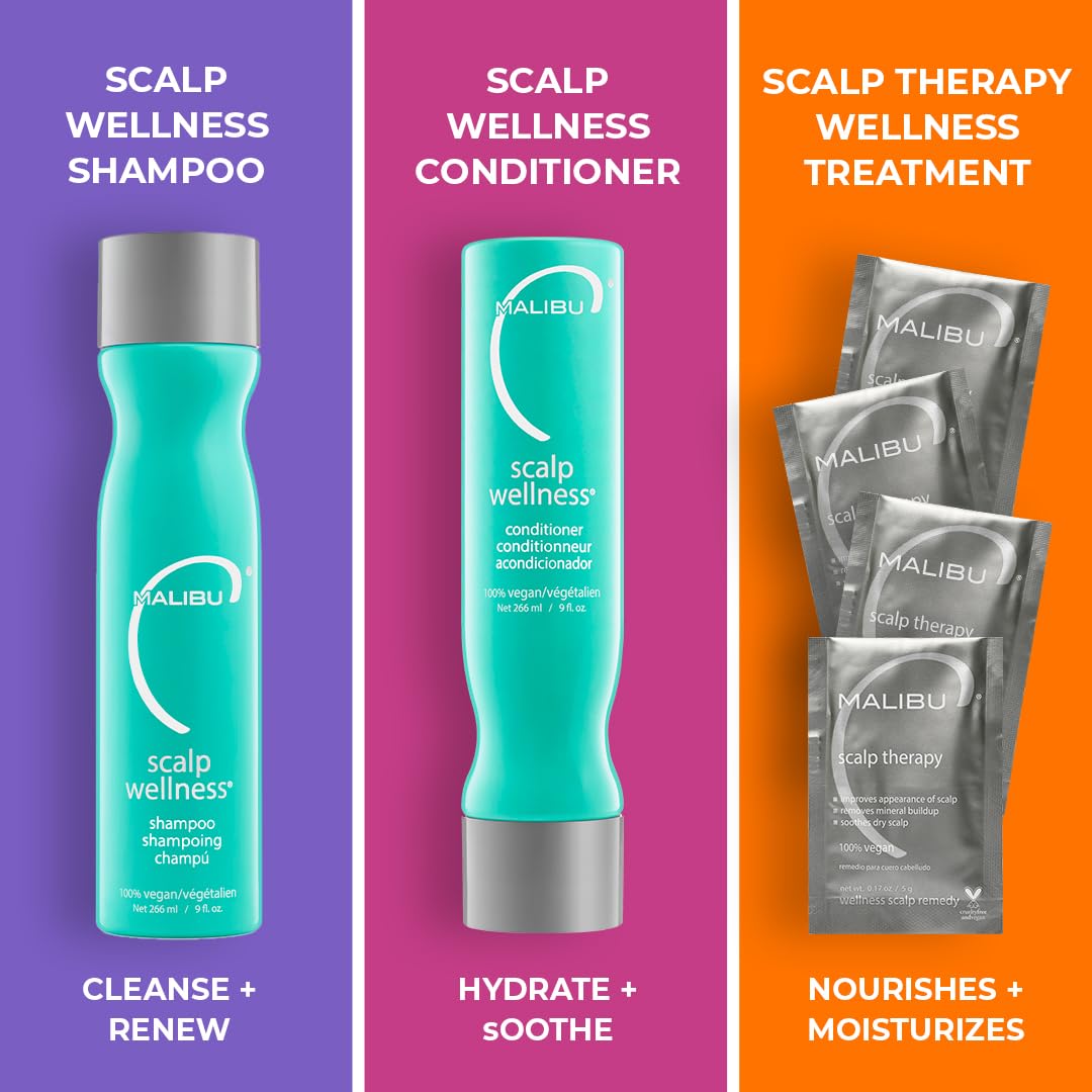 Malibu C Scalp Wellness Collection - Soothing Shampoo and Conditioner Hair Care Set for Dry Scalp - Formulated with Vitamin C Antioxidant Complex - Travel Size Scalp Remedy Packets Included (33.8 oz)