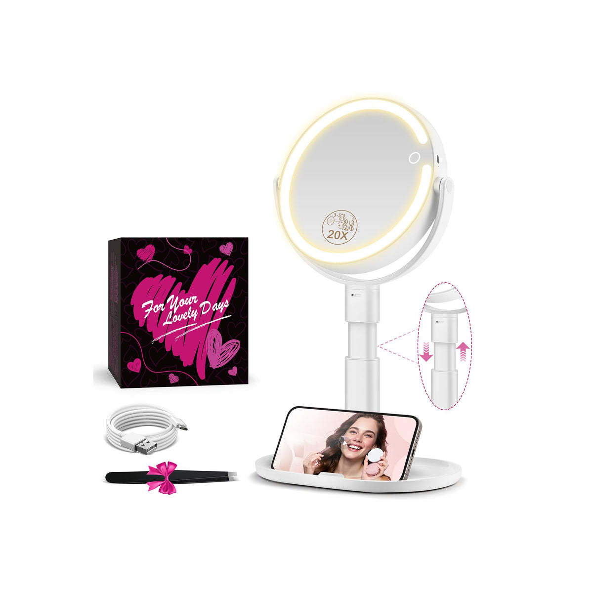 MOMOKUBA Makeup Mirror with Lights, 20X Magnifying Mirrors, Height Adjustable, Vanity Mirror with Lights Rechargeable 3 Color Modes, Double-Sided Detachable Travel Mirrors, Gift for Women