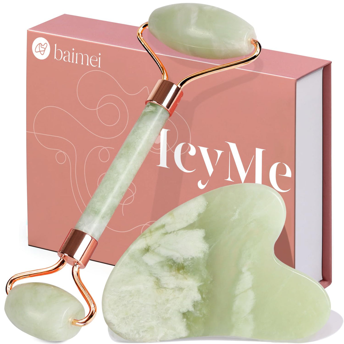 BAIMEI Jade Roller and Gua Sha Set Face Roller and Gua Sha Facial Tools for Skin Care Routine and Puffiness