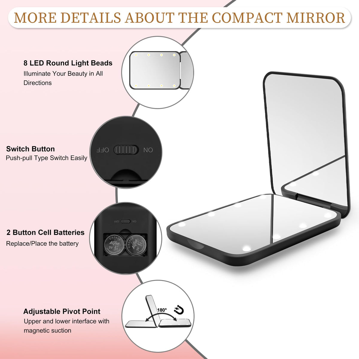 Kakuje Compact Mirror, 1X/3X Magnification LED Pocket Mirror with Nternal BIattery, Mini Mirror for Purse, Pocket,Travel and Present