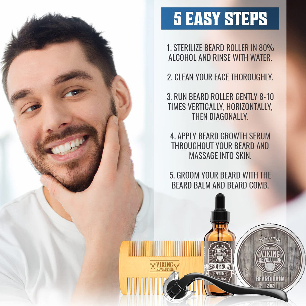 Beard Growth Kit - Oil, Balm, Serum, Derma Roller & Wooden Comb for Beard & Mustache Growth