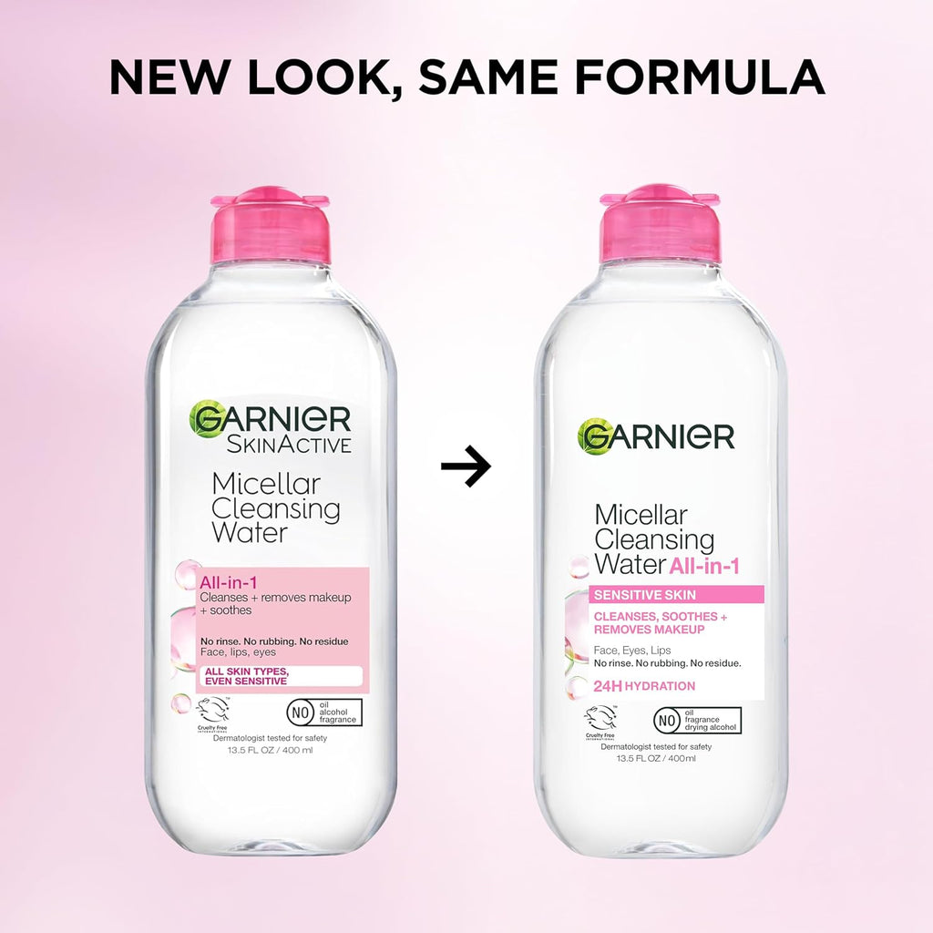 Garnier Micellar Water, Hydrating Facial Cleanser & Makeup Remover, Suitable for Sensitive Skin, Vegan, Cruelty Free, 13.5 Fl Oz (400mL), 2 Count