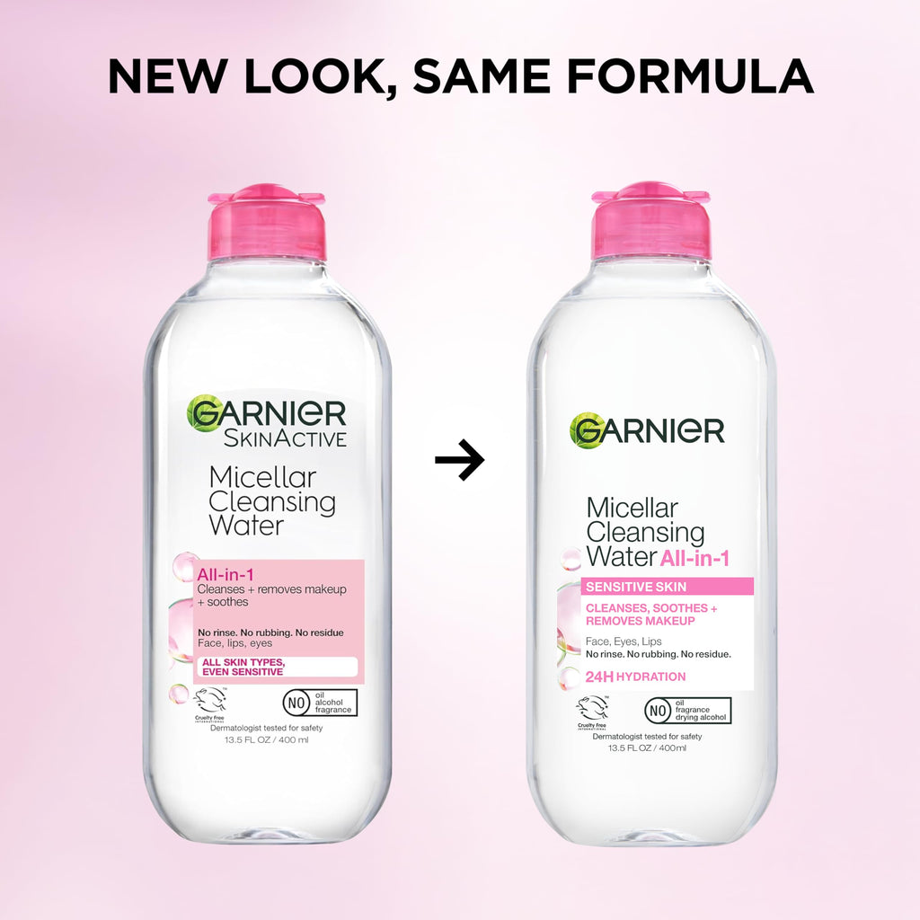 Garnier Micellar Water, Hydrating Facial Cleanser & Makeup Remover, Suitable for Sensitive Skin, Vegan, Cruelty Free, 13.5 Fl Oz (400mL), 2 Count