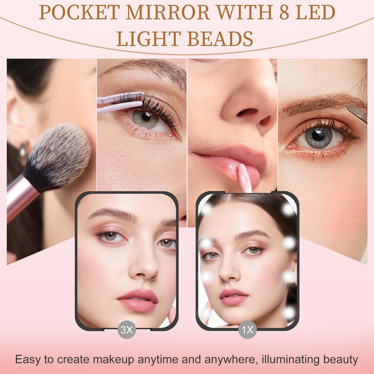 Kakuje Compact Mirror, 1X/3X Magnification LED Pocket Mirror with Nternal BIattery, Mini Mirror for Purse, Pocket,Travel and Present