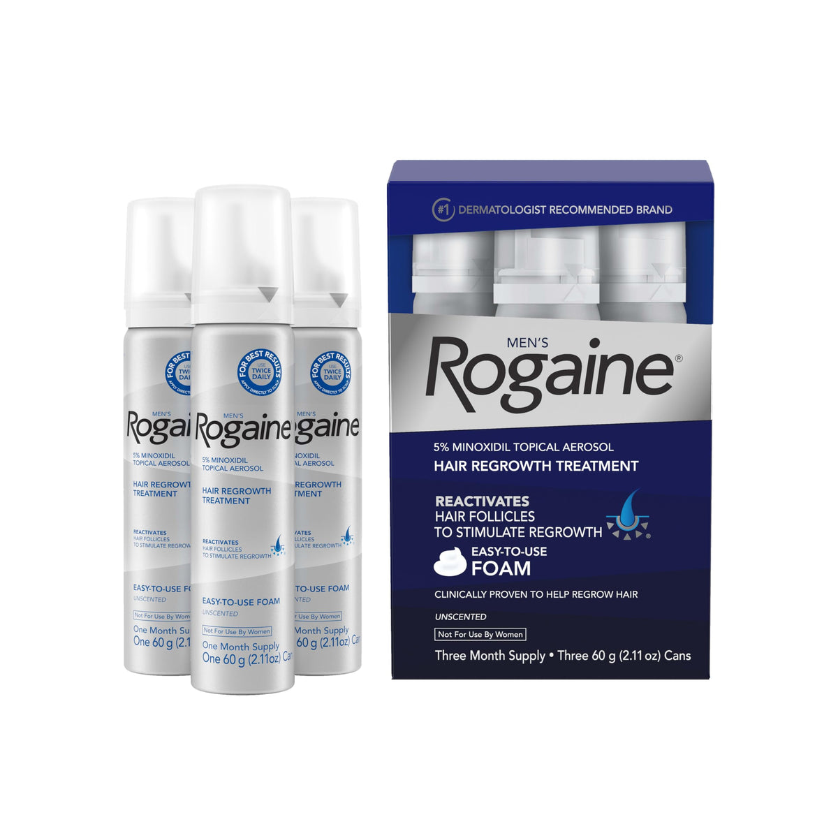Men’s Rogaine 5% Minoxidil for Men Foam, Clinically Proven Regrowth for Thinning Hair, Topical Hair Loss Treatment, Unscented Topical Aerosol, Results in 8–16 Weeks, 3-Month Supply, 3 x 2.11 oz