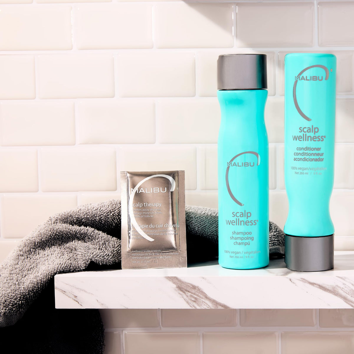 Malibu C Scalp Wellness Collection - Soothing Shampoo and Conditioner Hair Care Set for Dry Scalp - Formulated with Vitamin C Antioxidant Complex - Travel Size Scalp Remedy Packets Included (33.8 oz)