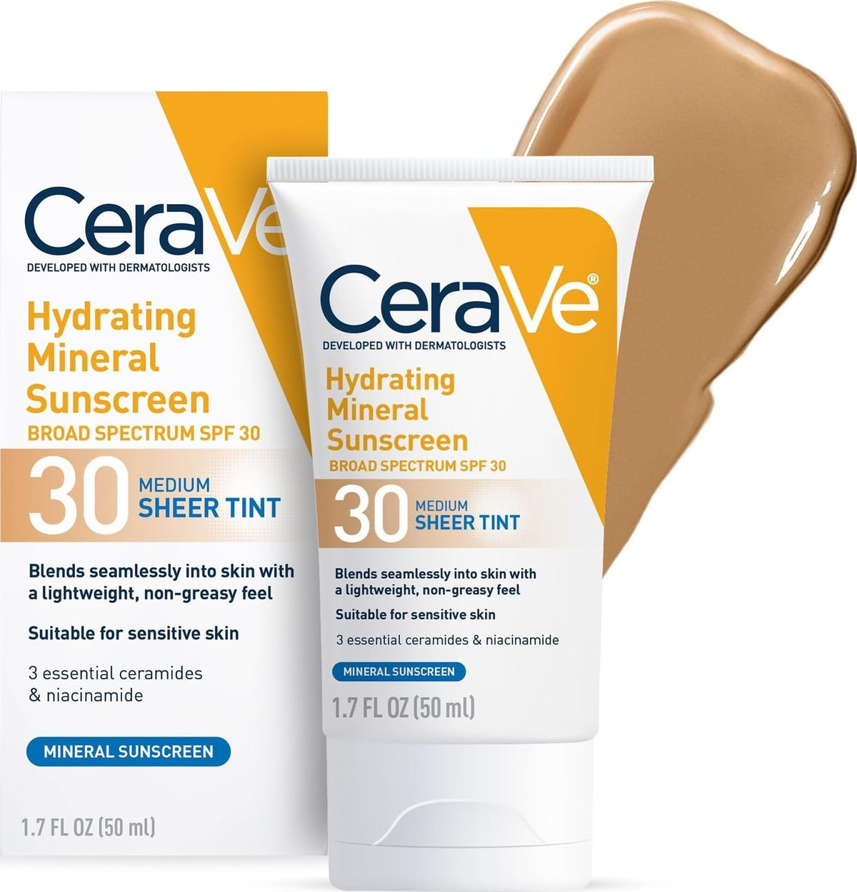 CeraVe Hydrating Mineral Sunscreen SPF 30 with Sheer Tint | Tinted Mineral Sunscreen with Zinc Oxide & Titanium Dioxide | Blends Seamlessly For Healthy Glow | 1.7 Fluid Ounce