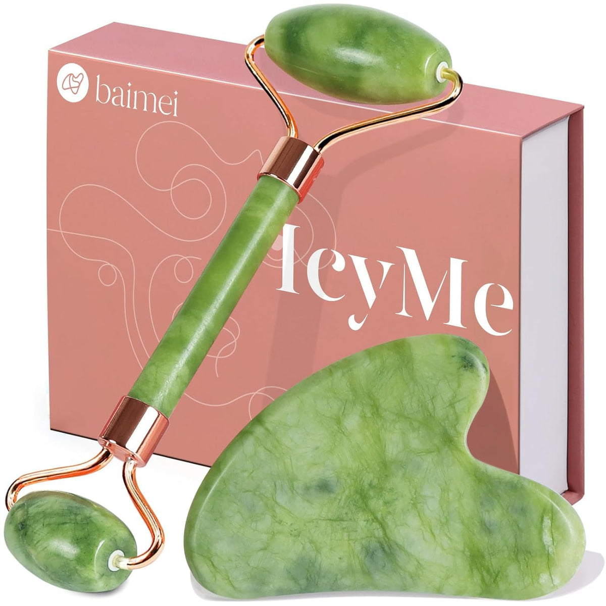 BAIMEI Jade Roller and Gua Sha Set Face Roller and Gua Sha Facial Tools for Skin Care Routine and Puffiness