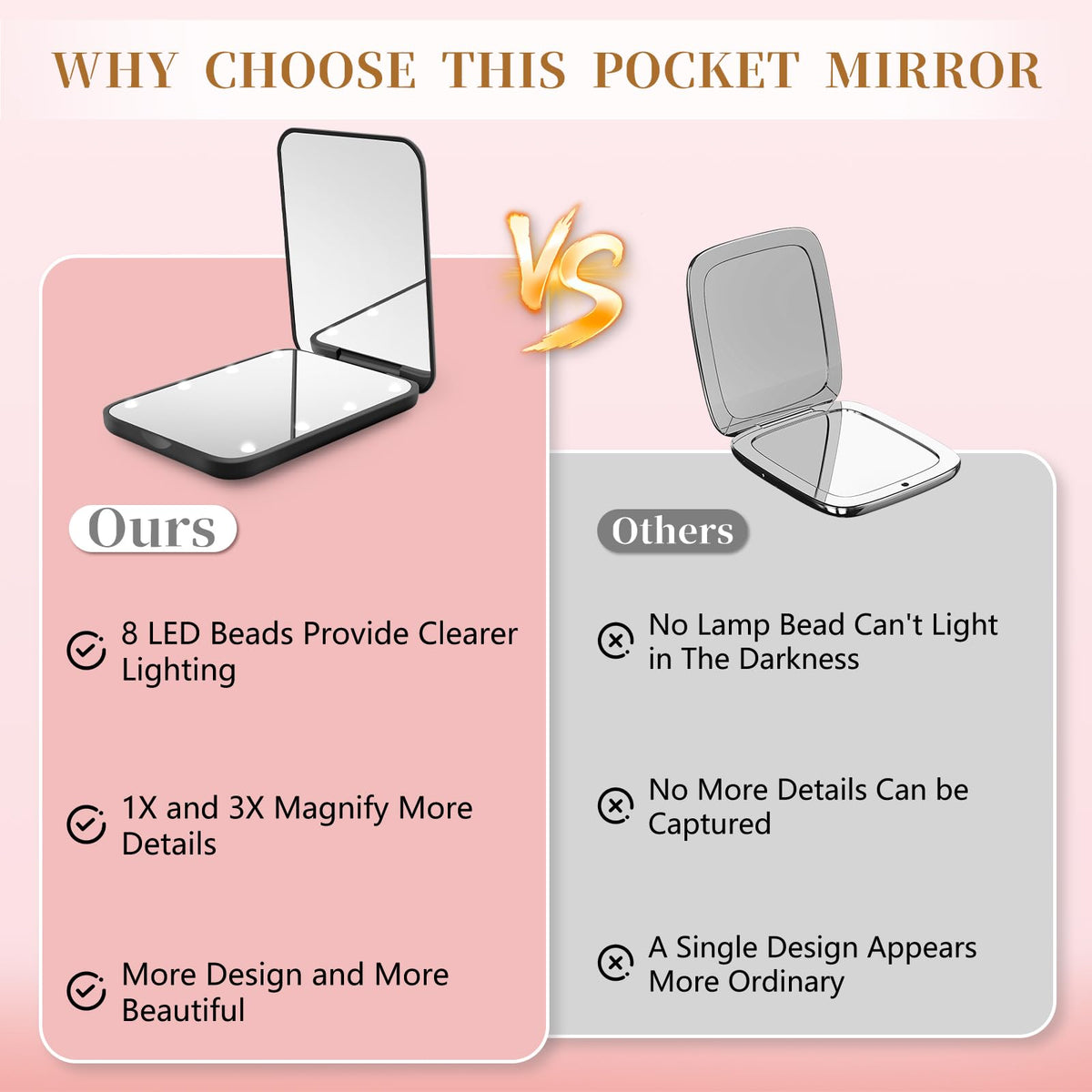 Kakuje Compact Mirror, 1X/3X Magnification LED Pocket Mirror with Nternal BIattery, Mini Mirror for Purse, Pocket,Travel and Present