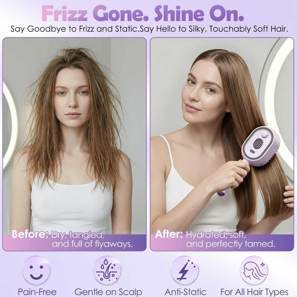 Electric Spray Air Cushion Massage Comb, 2026 Upgrade Electric Steam Hair Brush with Misting Detangling for Dry Frizzy Hair, Self-Cleaning Gloss Enhancing Care Brush for Women