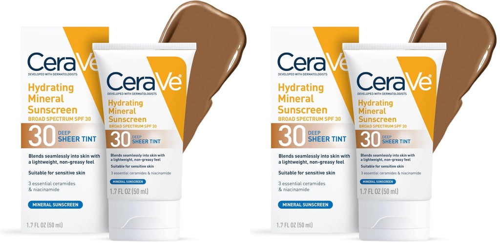 CeraVe Hydrating Mineral Sunscreen SPF 30 with Sheer Tint | Tinted Mineral Sunscreen with Zinc Oxide & Titanium Dioxide | Blends Seamlessly For Healthy Glow | 1.7 Fluid Ounce