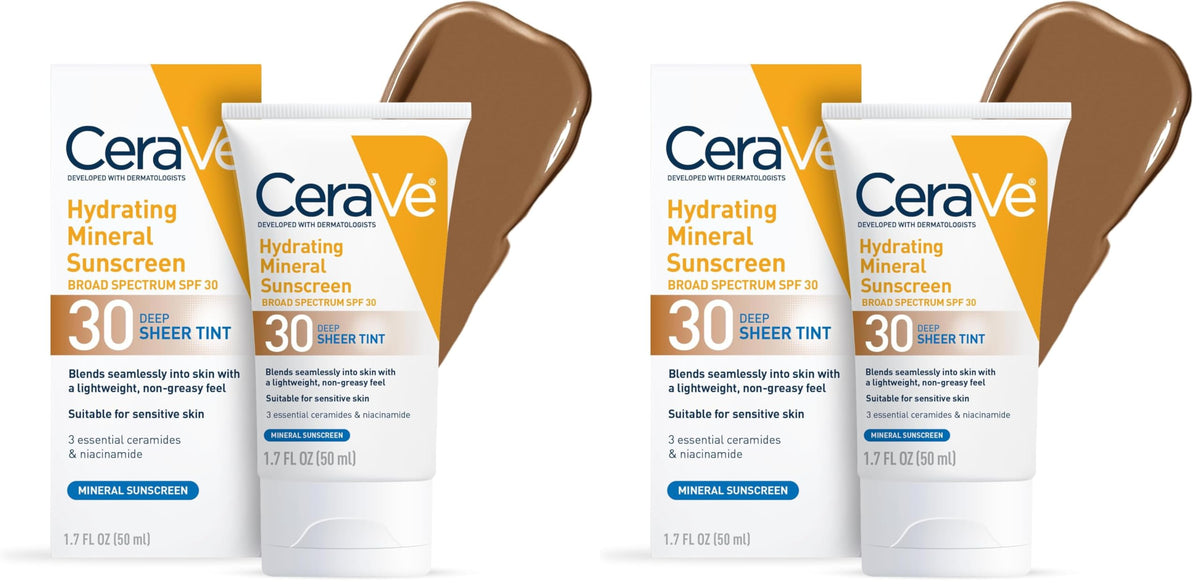 CeraVe Hydrating Mineral Sunscreen SPF 30 with Sheer Tint | Tinted Mineral Sunscreen with Zinc Oxide & Titanium Dioxide | Blends Seamlessly For Healthy Glow | 1.7 Fluid Ounce