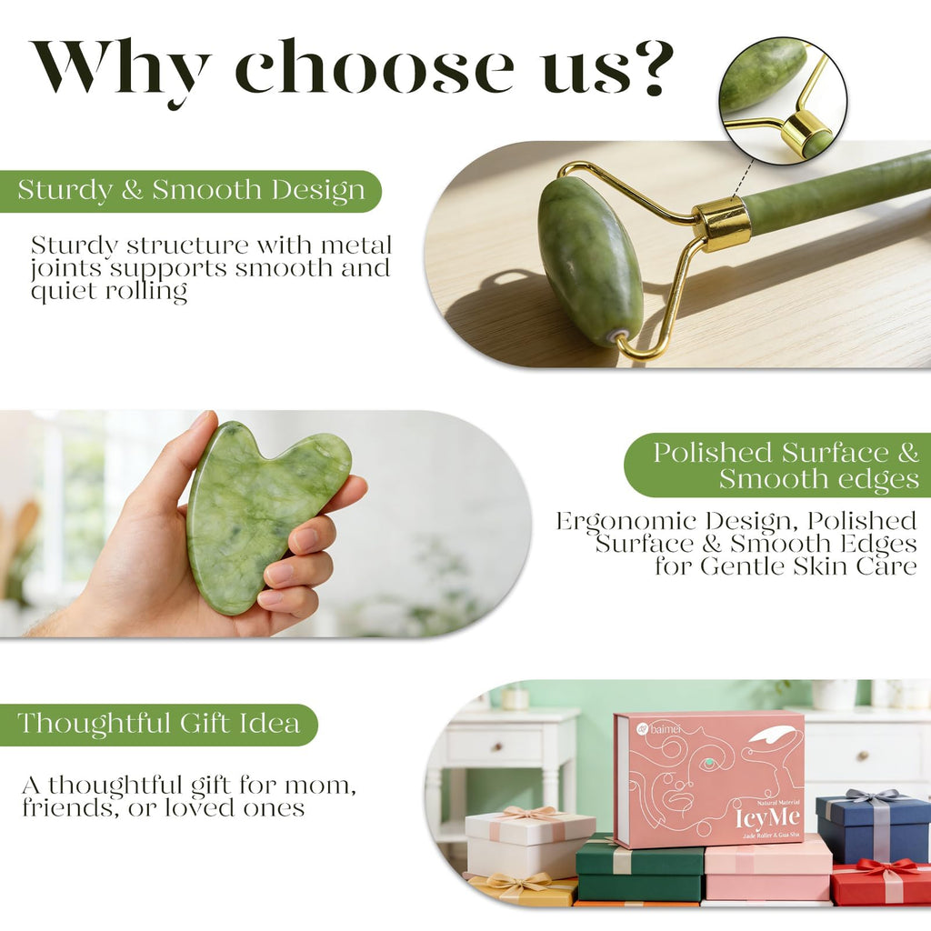 BAIMEI Jade Roller and Gua Sha Set Face Roller and Gua Sha Facial Tools for Skin Care Routine and Puffiness
