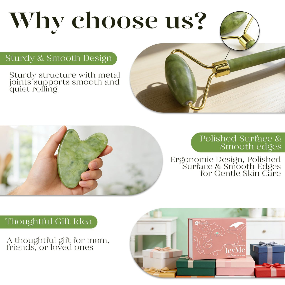 BAIMEI Jade Roller and Gua Sha Set Face Roller and Gua Sha Facial Tools for Skin Care Routine and Puffiness
