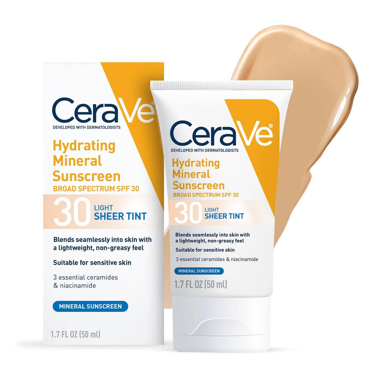 CeraVe Hydrating Mineral Sunscreen SPF 30 with Sheer Tint | Tinted Mineral Sunscreen with Zinc Oxide & Titanium Dioxide | Blends Seamlessly For Healthy Glow | 1.7 Fluid Ounce