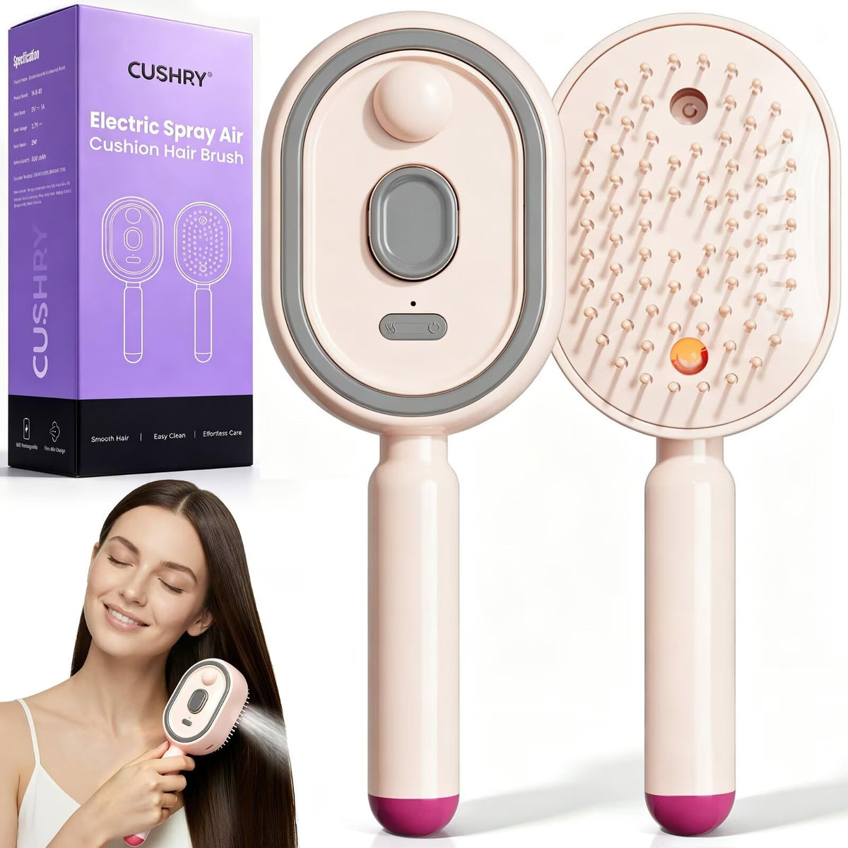 Electric Spray Air Cushion Massage Comb, 2026 Upgrade Electric Steam Hair Brush with Misting Detangling for Dry Frizzy Hair, Self-Cleaning Gloss Enhancing Care Brush for Women