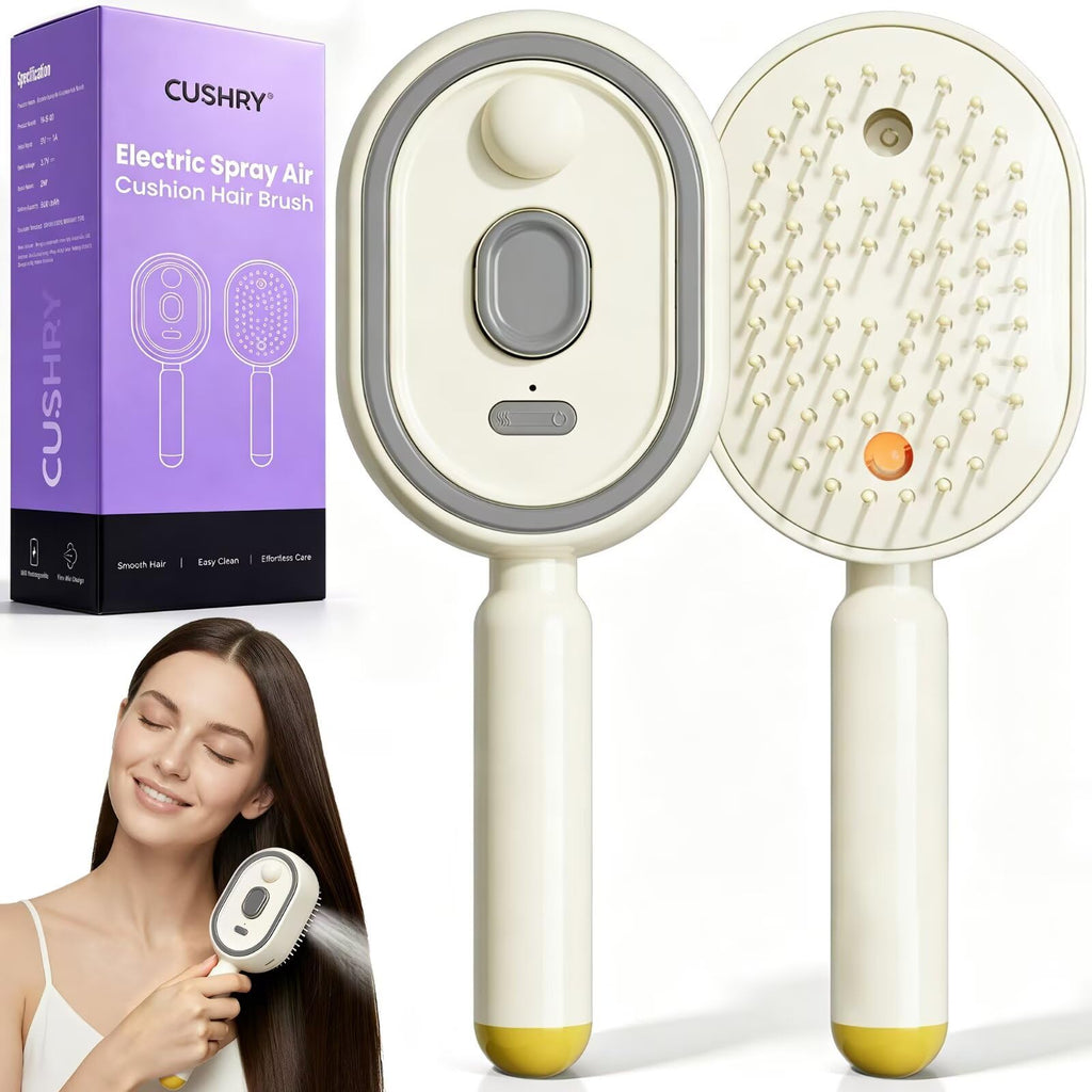 Electric Spray Air Cushion Massage Comb, 2026 Upgrade Electric Steam Hair Brush with Misting Detangling for Dry Frizzy Hair, Self-Cleaning Gloss Enhancing Care Brush for Women