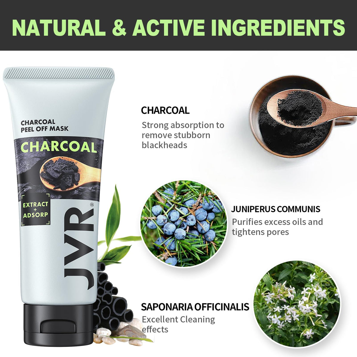JVR Peel Off Face Mask, Blackhead Remover Mask for Men, Charcoal Peel Off Black Mask, Facial Mask Purifying and Deep Cleansing for All Skin Types