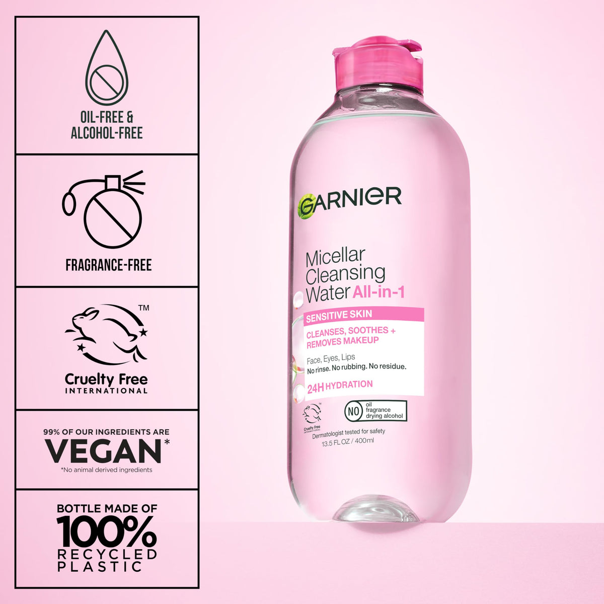 Garnier Micellar Water, Hydrating Facial Cleanser & Makeup Remover, Suitable for Sensitive Skin, Vegan, Cruelty Free, 13.5 Fl Oz (400mL), 2 Count