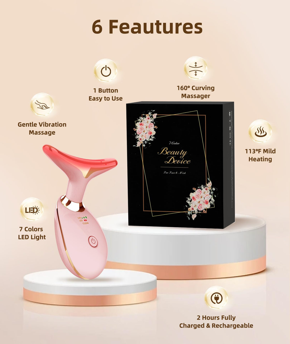 Jobazok Red Light Therapy for Face and Neck, 7 Color Light Based Face Massager Tool, Portable Skin Care Tool for Firming, Tightening and Lifting, Gifts for Women & Men (Rose Gold)