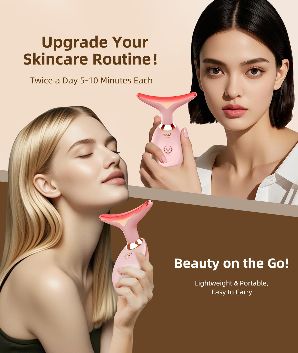 Jobazok Red Light Therapy for Face and Neck, 7 Color Light Based Face Massager Tool, Portable Skin Care Tool for Firming, Tightening and Lifting, Gifts for Women & Men (Rose Gold)