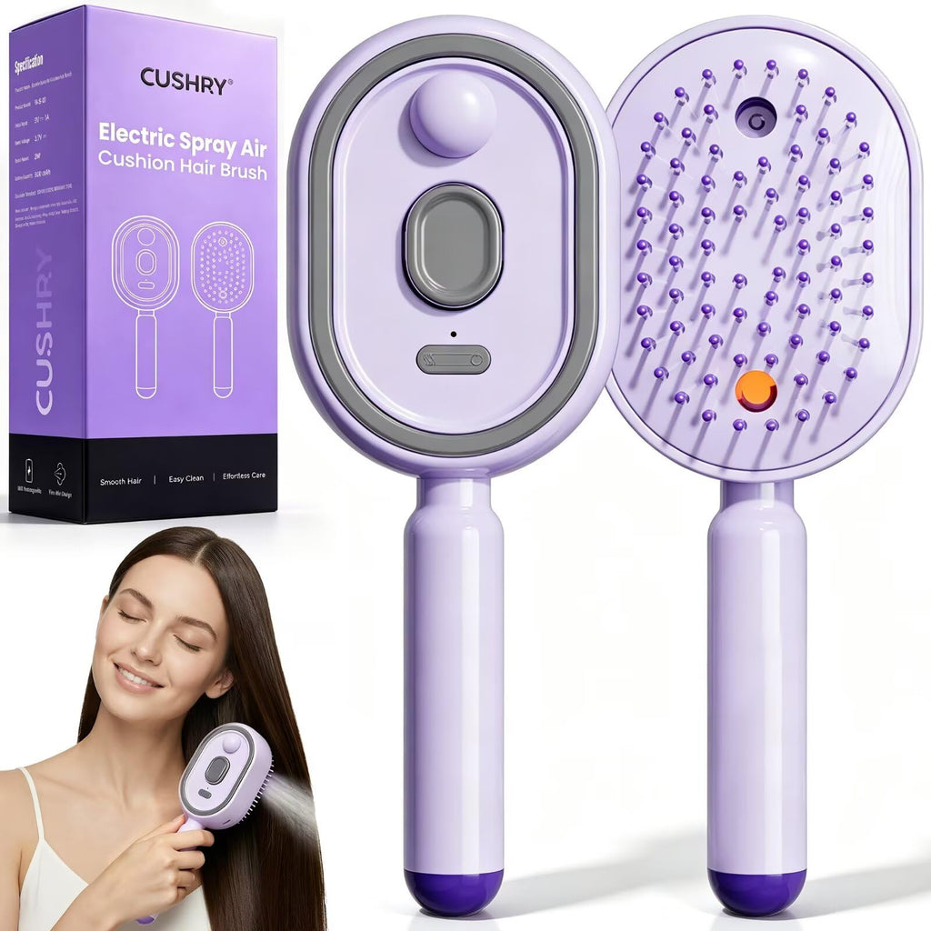 Electric Spray Air Cushion Massage Comb, 2026 Upgrade Electric Steam Hair Brush with Misting Detangling for Dry Frizzy Hair, Self-Cleaning Gloss Enhancing Care Brush for Women