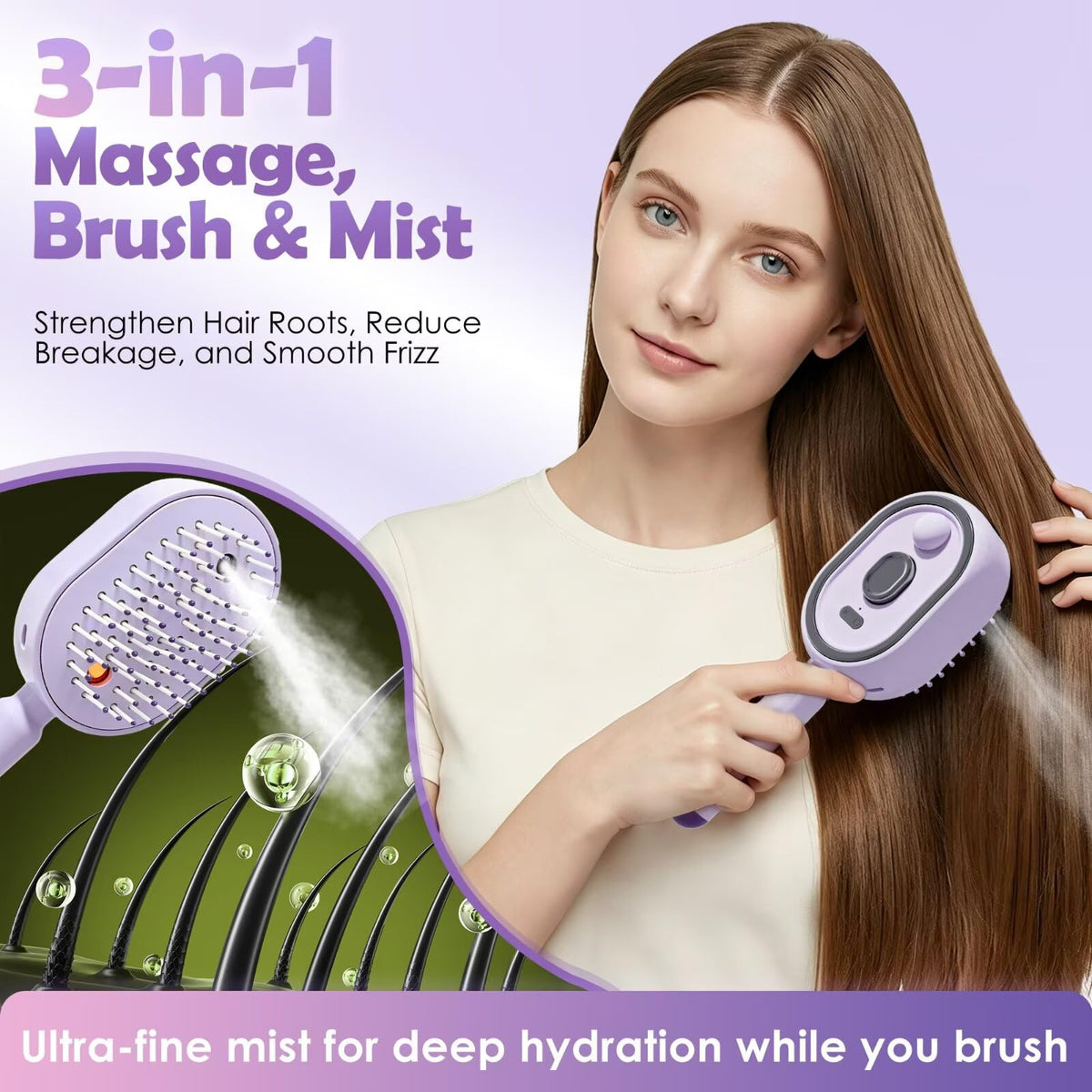 Electric Spray Air Cushion Massage Comb, 2026 Upgrade Electric Steam Hair Brush with Misting Detangling for Dry Frizzy Hair, Self-Cleaning Gloss Enhancing Care Brush for Women