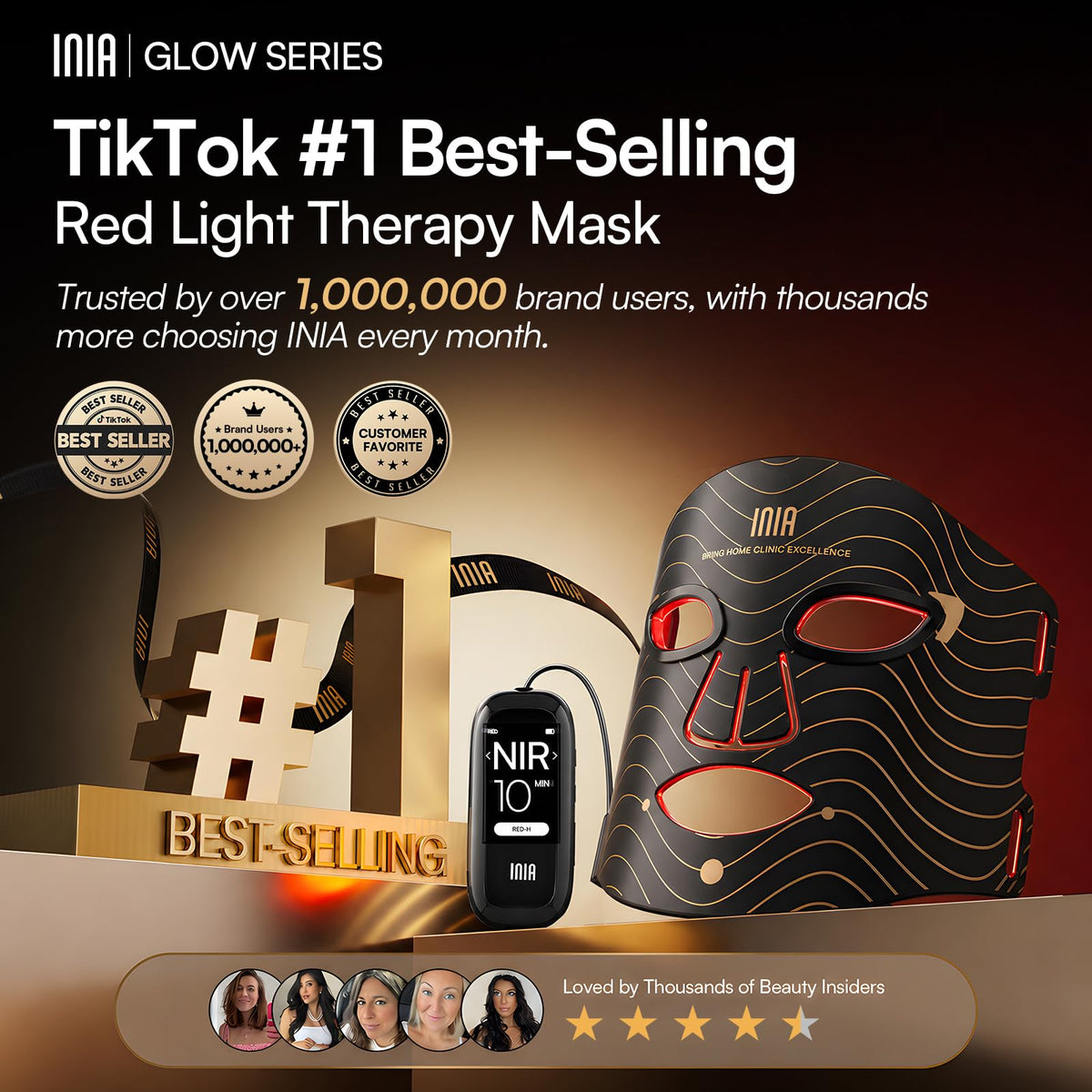 INIA Red Light Therapy Mask for Face – 4 Light Modes with 850nm NIR, Red & Blue LED Light Therapy, 2600mAh Rechargeable