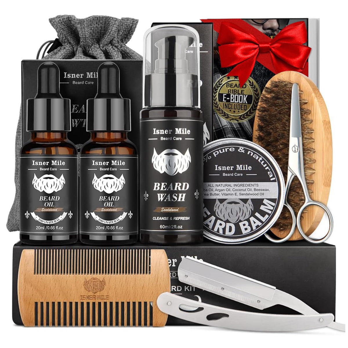 Isner Mile Fathers Gifts for Husband: Beard Grooming Kit for Men Care with Beard Oil Balm Wash Brush Comb & Straight Razor, Christmas Stocking Stuffers Valentines Birthday Gifts for Men Him Boyfriend