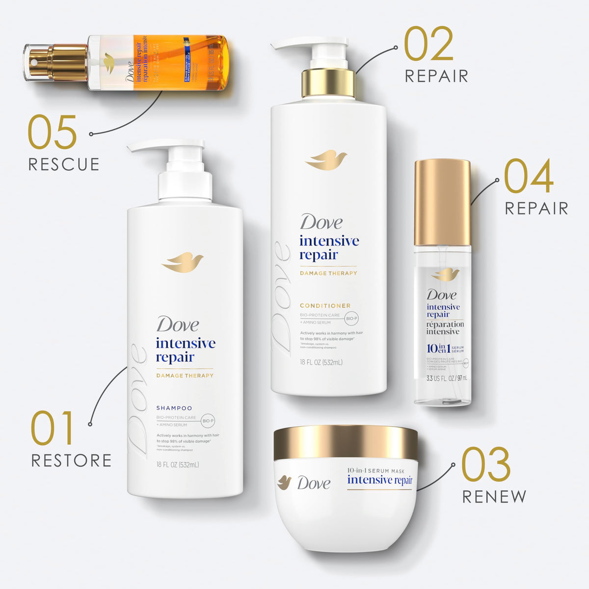 Dove Shampoo 4 count Intensive Repair for Damaged Hair with Bio-Protein Care Technology and Amino Serum 12 Fl Oz