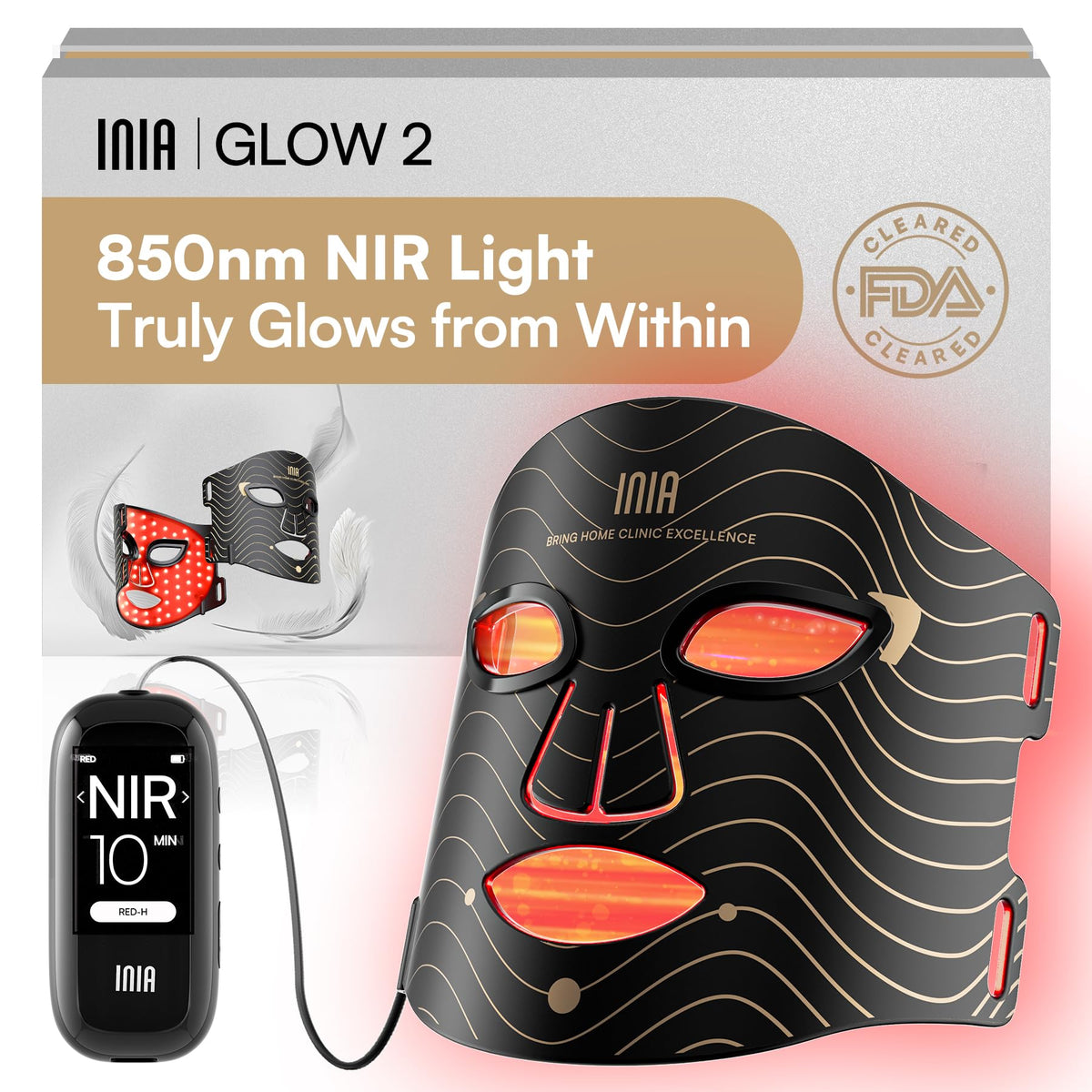 INIA Red Light Therapy Mask for Face – 4 Light Modes with 850nm NIR, Red & Blue LED Light Therapy, 2600mAh Rechargeable