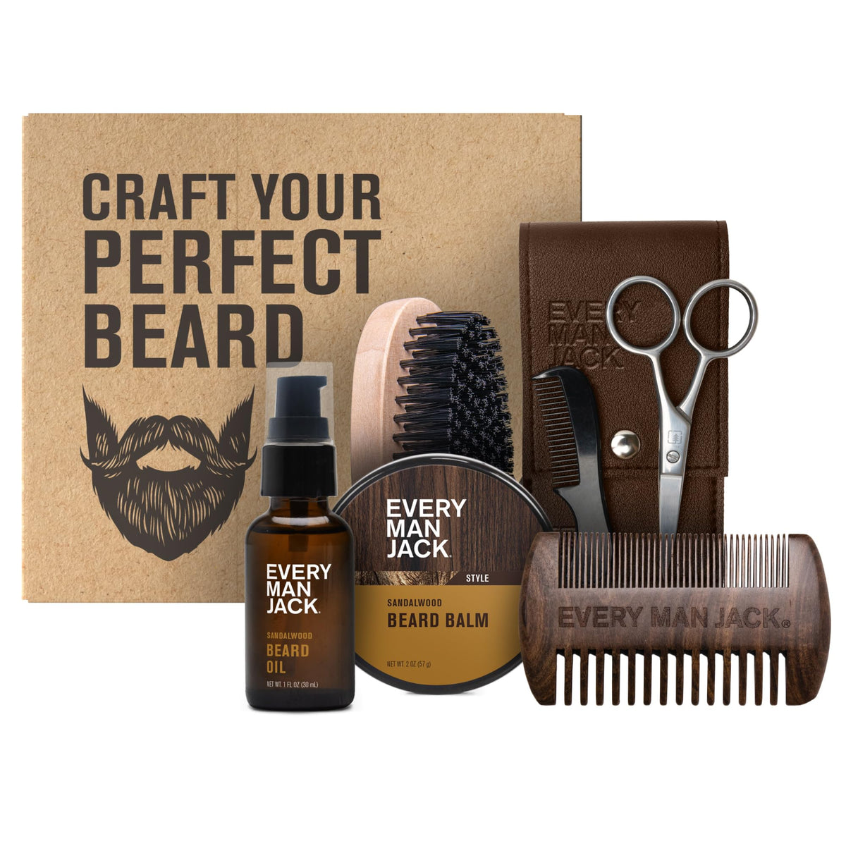 Every Man Jack Beard Care Gift Set for Men – Complete Grooming Kit with Beard Oil, Balm, Brush, Dual-Sided Comb, Trimming Scissors & Mustache Comb - Sandalwood Scent