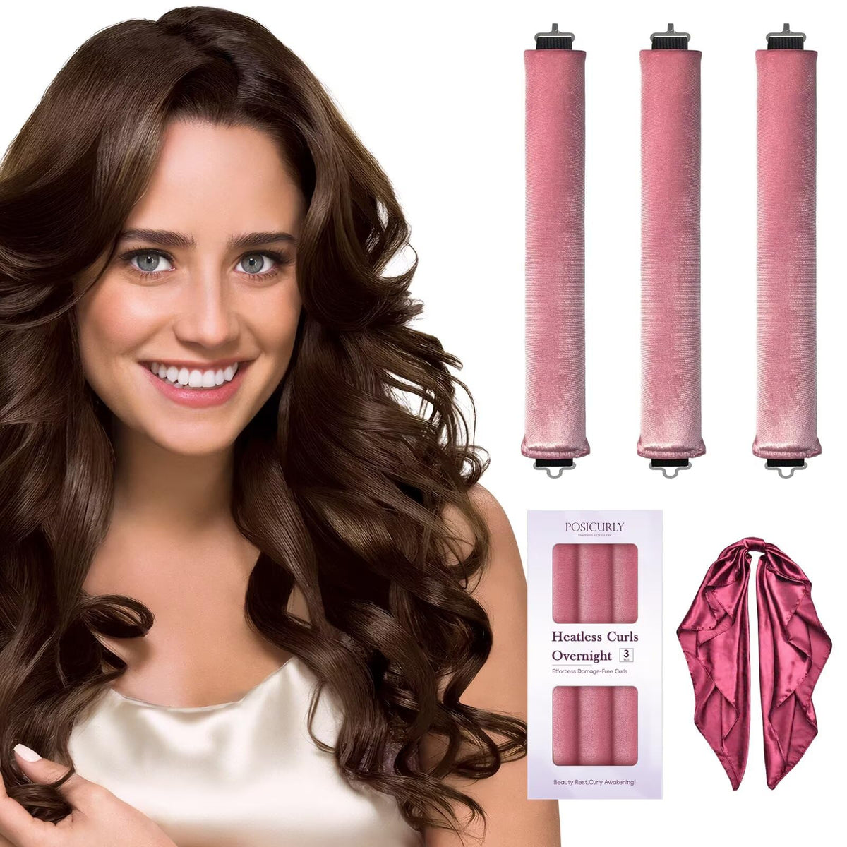 Heatless Curls Overnight Hair Curlers - 4 Pcs No-Heat Curling Rod to Sleep In,Velvet Hair Rollers with Satin Wrap