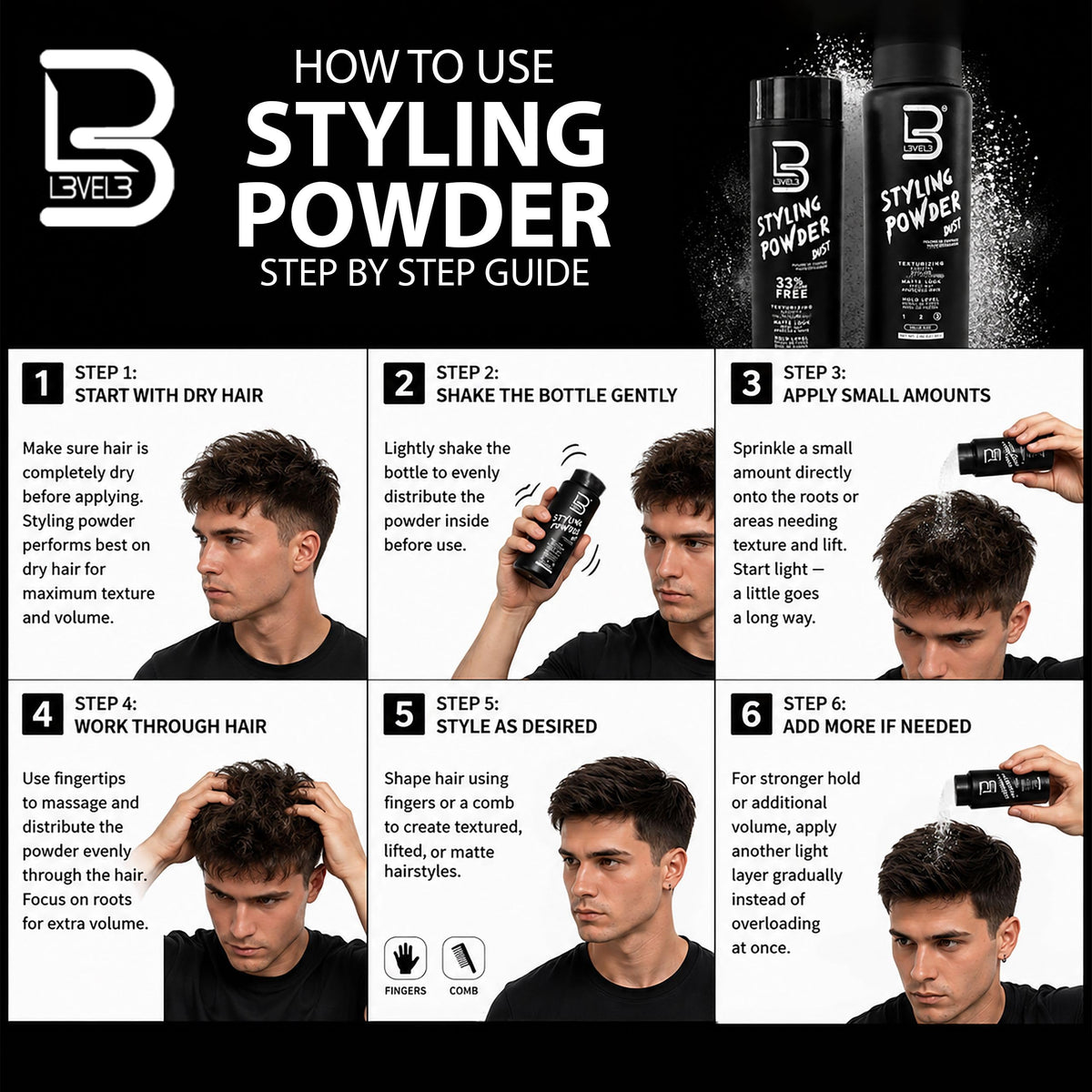 L3 Level 3 Styling Powder - Natural Look Volumizing and Texturizing Powder - Easy to Apply with No Oil or Greasy Residue