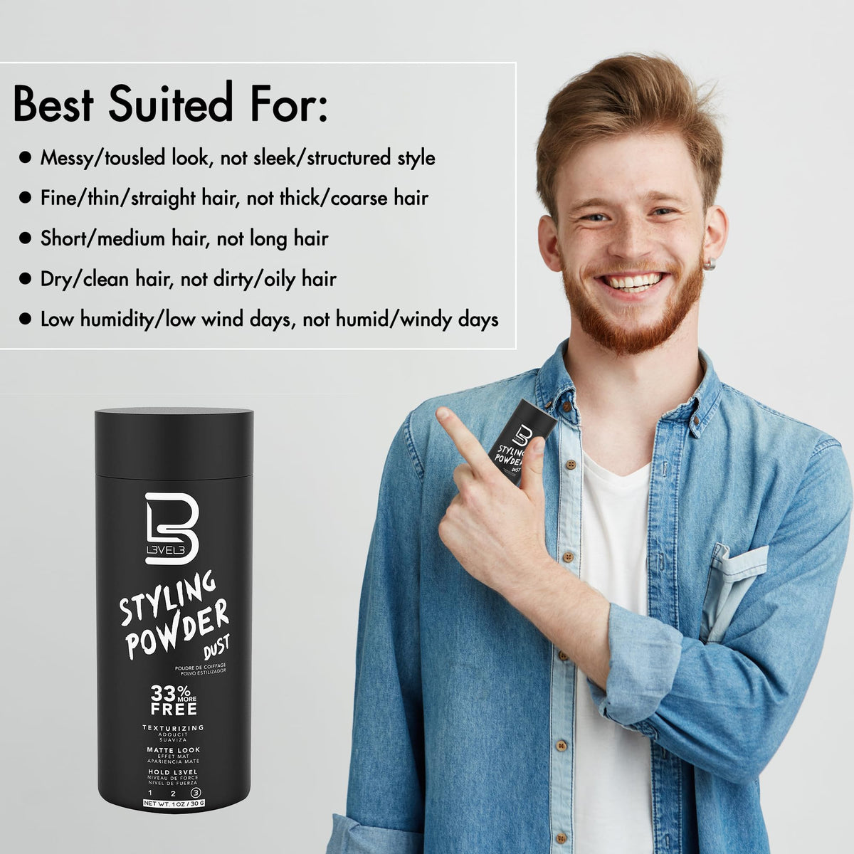 L3 Level 3 Styling Powder - Natural Look Volumizing and Texturizing Powder - Easy to Apply with No Oil or Greasy Residue
