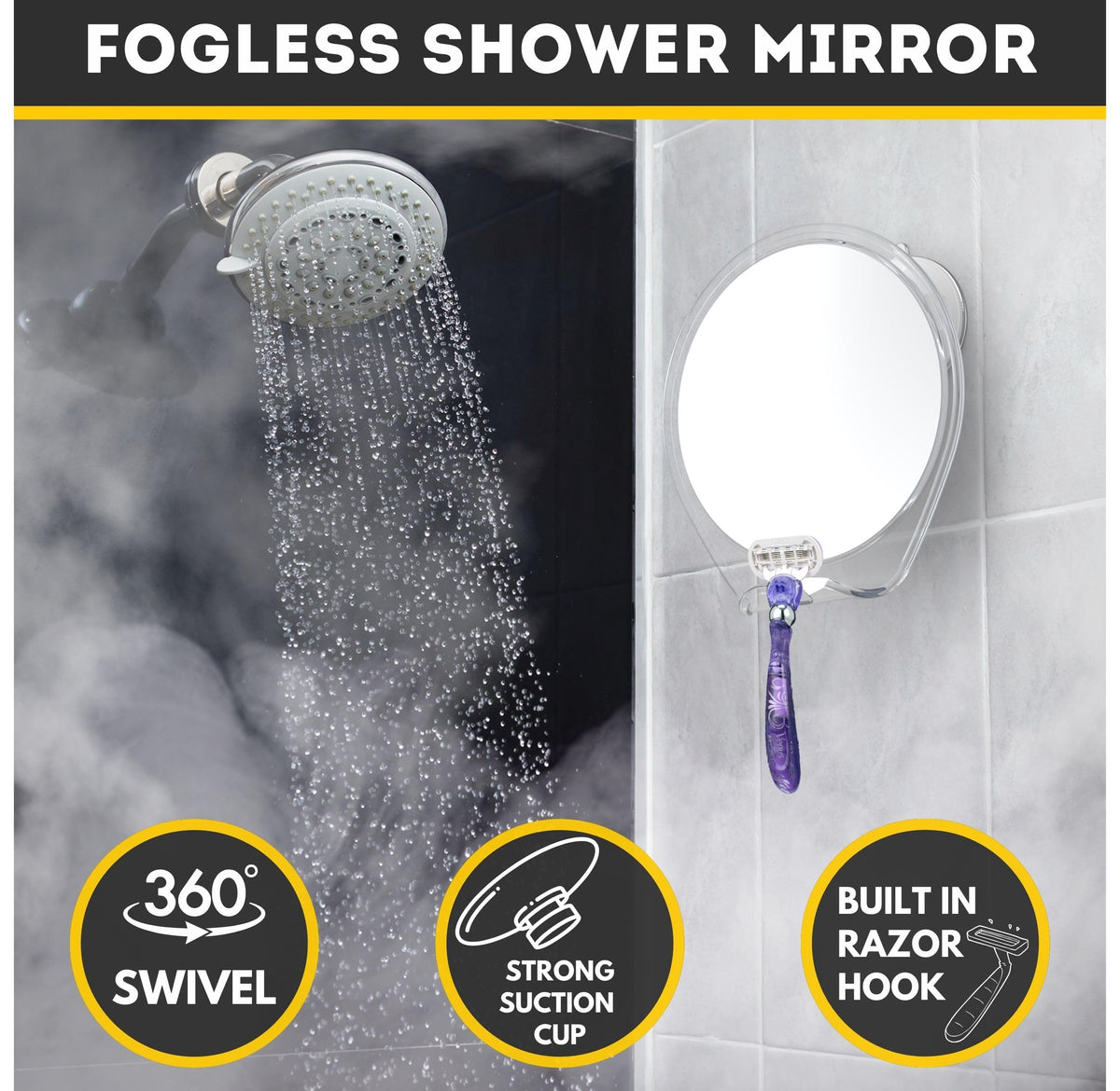 HONEYBULL Fogless Shower Mirror for Shaving with Suction Mount & Razor Hook