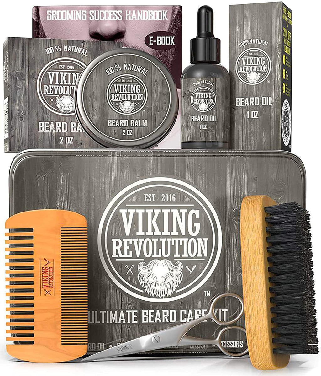 Beard Growth Kit - Oil, Balm, Serum, Derma Roller & Wooden Comb for Beard & Mustache Growth