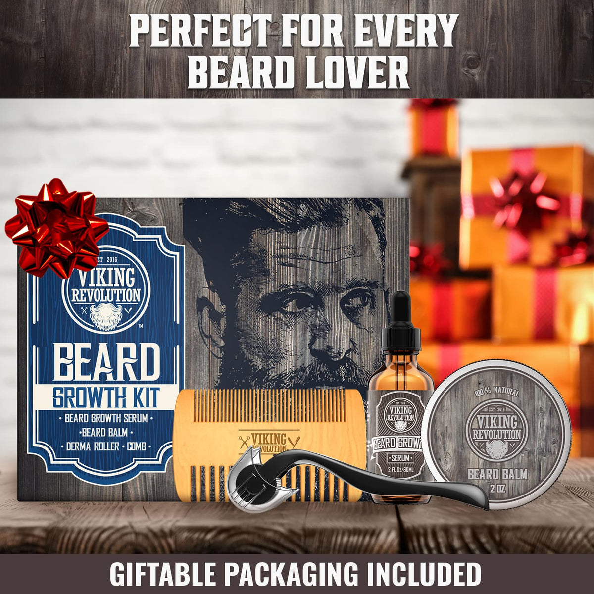 Beard Growth Kit - Oil, Balm, Serum, Derma Roller & Wooden Comb for Beard & Mustache Growth
