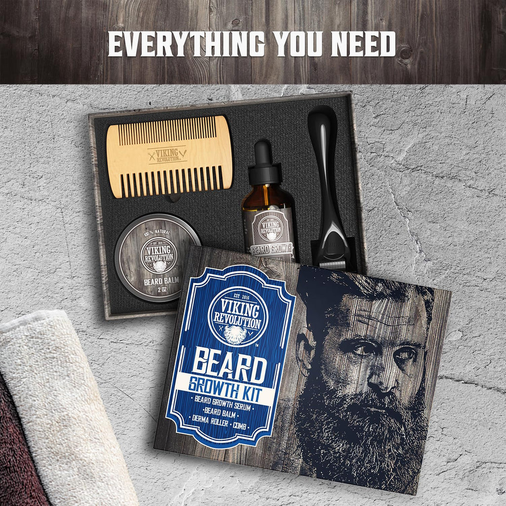 Beard Growth Kit - Oil, Balm, Serum, Derma Roller & Wooden Comb for Beard & Mustache Growth